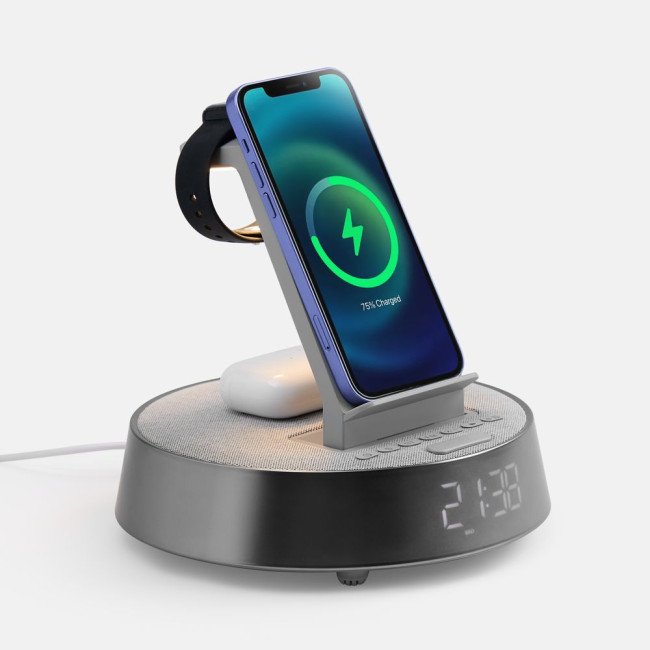 Bluetooth-колонка с беспроводной зарядкой и часами netEnergy, серая Bluetooth-колонка с беспроводной зарядкой и часами netEnergy, серая