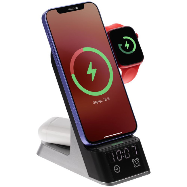 Зарядная станция с часами E-Store для смартфона, часов и наушников, черная Зарядная станция с часами E-Store для смартфона, часов и наушников, черная